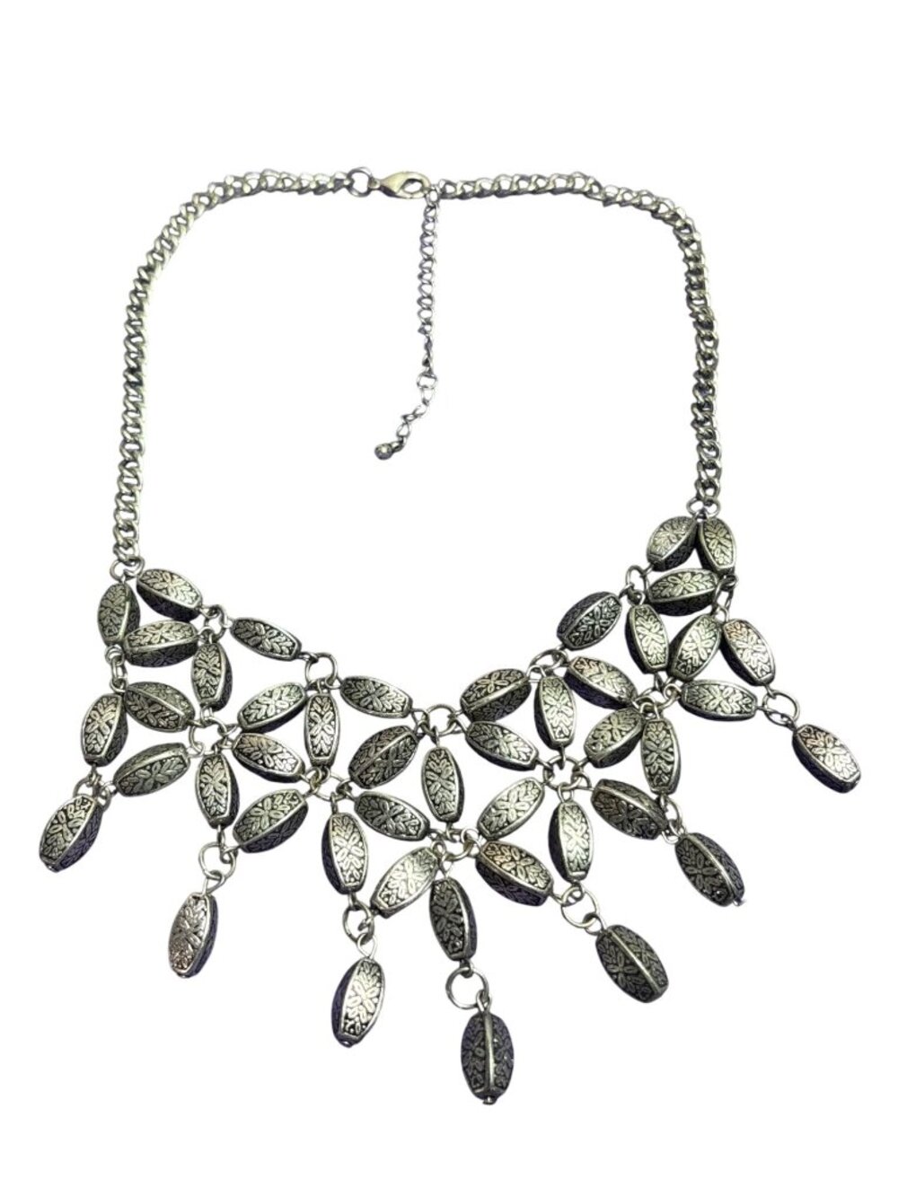 Silvertone Floral Beaded Bib Necklace 16 - 19 inches Long